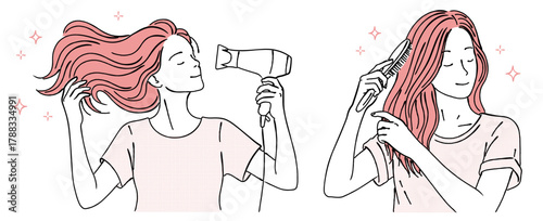 線画のドライヤーとヘアブラシを使う女性,ヘアケア,美容,ライフスタイル,シンプル,ベクター