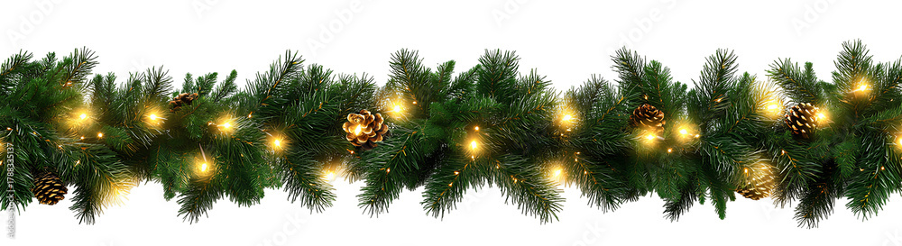 Obraz premium Festive Foliage Garland with Pine Cones and Bright Lights on Transparent Background