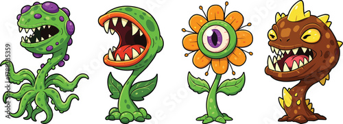 Cartoon fantasy plant monsters with teeth, eyes, and tentacles—perfect for gaming, character design, horror, and botanical creature themes.