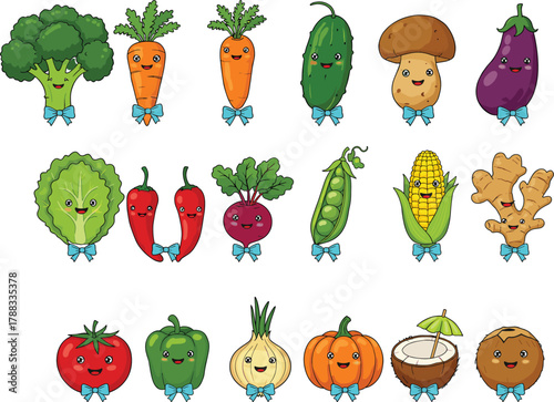 Cartoon fruits and vegetables with smiling faces and bow ties—ideal for kids education, healthy food, gardening, and playful themes.