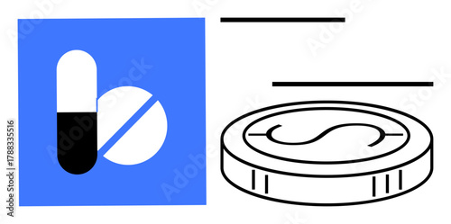 Capsule and round pill in blue square alongside stylized coin depicting financial concepts in healthcare. Ideal for pharmacy, medicine, healthcare financing, insurance, cost savings, treatment
