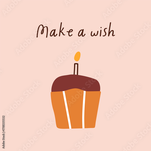 Birthday card design. Festive b-day candle on cupcake, square postcard. Sweet...