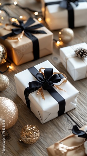 Beautifully Wrapped Gift Boxes and Festive Decorations on a Wooden Table for ...