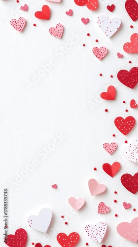 Colorful Hearts in Various Sizes Scattered Across a White Background for Deco...