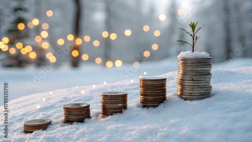 A winter landscape with stacks of coins partially covered in snow. Christmas atmosphere representing sustainable financial growth and hope for the new year.