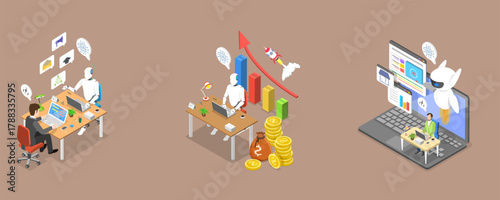 3D Isometric Flat Vector Illustration of AI Sales Improvement, Increase Revenue, Investment or Growing Sales
