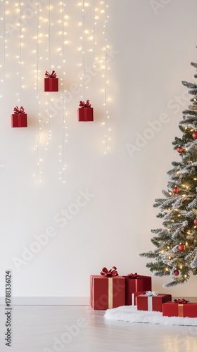 Festive Christmas Scene With Decorated Tree and Hanging Gifts in Cozy Indoor ...