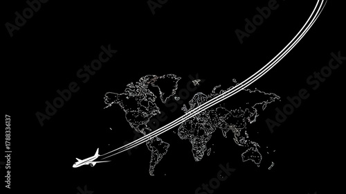 Airplane flying over a stylized world map on black background, illustrating global travel, international transport, and connectivity.
