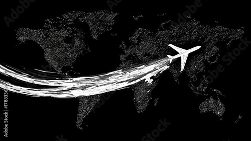White airplane flying over a dark textured world map with a bright motion trail, symbolizing global travel and international connection.