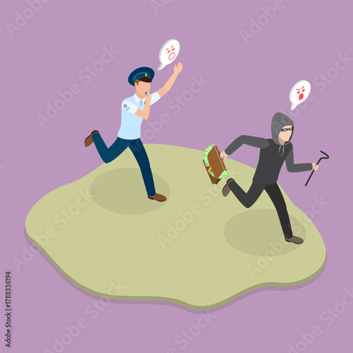 3D Isometric Flat Vector Illustration of Thief Catching, Officer Pursuing Thief