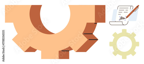 Gear mechanism in motion, accompanying document with a pencil. Ideal for teamwork, planning, workflow, productivity, process management, organization creative strategy. Simple flat metaphor