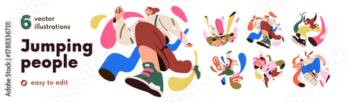 Happy people jumping up set. Free young men and women flying with fun, joy. Energy, freedom, enthusiasm, new heights, goals, aspirations concept. Flat vector illustrations isolated on white background