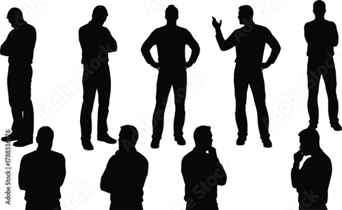 Black silhouette vector collection of men standing, thinking, contemplating, and discussing, representing deep thought, concentration, decision-making, and conversational poses, isolated on white.