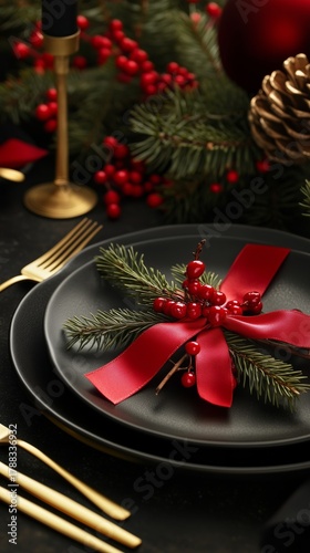 Elegant Holiday Table Setting With Black Plates and Festive Decorations for a...