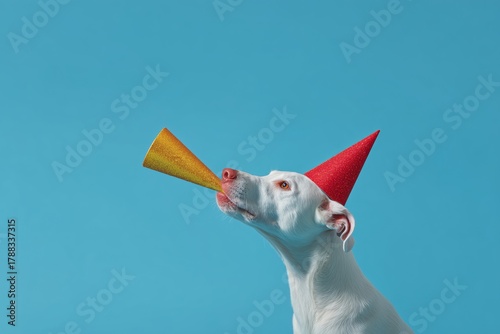 Happy Dog Celebrates Birthday With Party Hat and Noisemaker in Bright Blue Se...