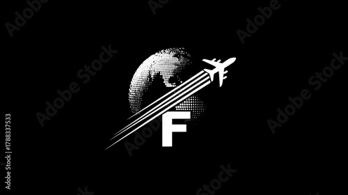 Monochrome graphic icon of a plane flying around a stylized globe with motion trails and the letter F on a black background.