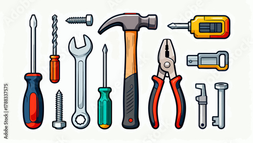 A collection of maintenance tools, cartoon hand-drawn vector illustrations, hammers, screwdrivers, wrenches, pliers, tape measures, screws, and screwdrivers