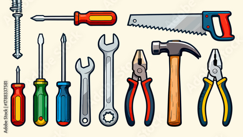 A collection of maintenance tools, cartoon hand-drawn vector illustrations, hammers, screwdrivers, wrenches, pliers, tape measures, screws, and screwdrivers