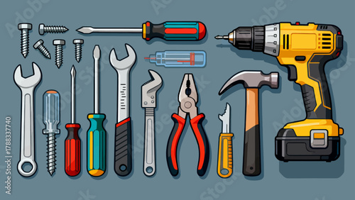 A collection of maintenance tools, cartoon hand-drawn vector illustrations, hammers, screwdrivers, wrenches, pliers, tape measures, screws, and screwdrivers