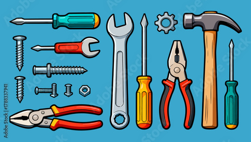 A collection of maintenance tools, cartoon hand-drawn vector illustrations, hammers, screwdrivers, wrenches, pliers, tape measures, screws, and screwdrivers