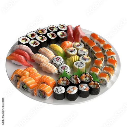 Many beautiful sushi on a board on a white background isolated