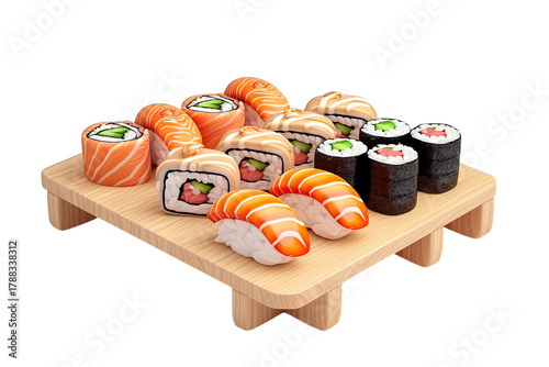Sushi set on a board on a white background isolated