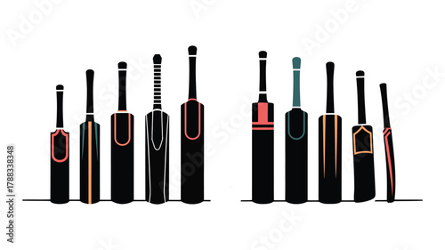 Vector collection of cricket bats in various styles and sizes arranged in a row vector illustration