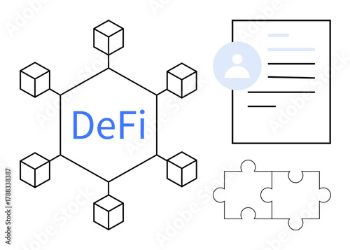 Blockchain network with DeFi text, user profile document, and puzzle pieces, representing decentralized systems, digital identity, collaboration, finance, technology, transparency and simple flat