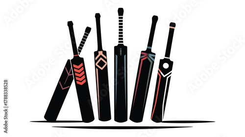 Vector collection of cricket bats in various styles and sizes arranged in a row vector illustration