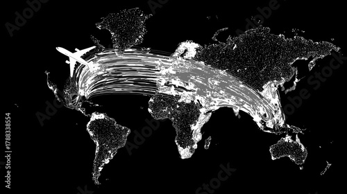 Abstract global travel concept with airplane routes across a dark world map, symbolizing international connectivity & network.