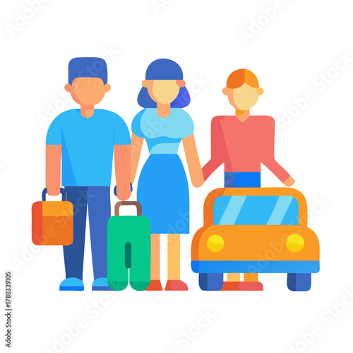 Family ready for travel with car and luggage