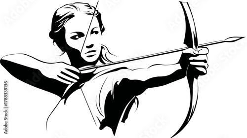 Focused female archer with bow and arrow, aiming intently, symbolizing precision, strength, and sport achievement.