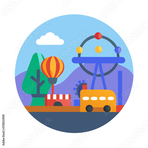 Flat vector design showing a stylized amusement park landscape