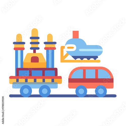 Stylized train engine and railcar illustration against black backdrop