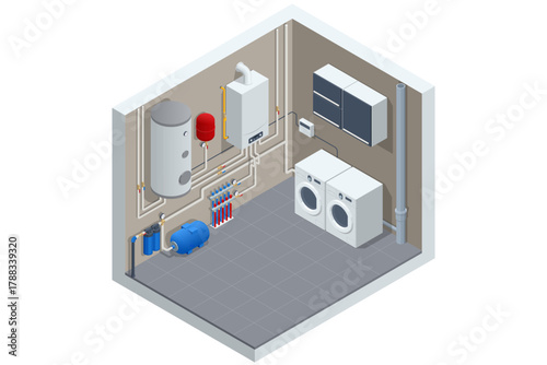 Boiler Room. Isometric illustration of a modern boiler room with heating system, water tank, pipes, and washing machines. Concept of home utilities and energy efficiency