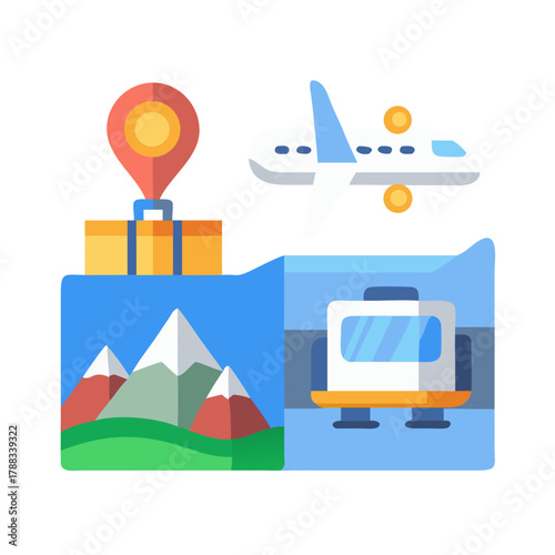 Flat design travel icon illustrating different modes of transportation
