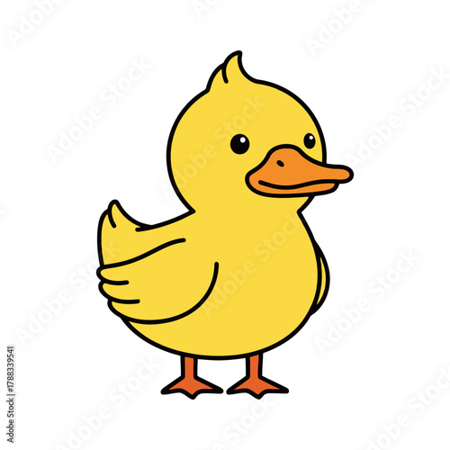 Cute cartoon illustration of a happy yellow baby duck or duckling with an orange beak and webbed feet