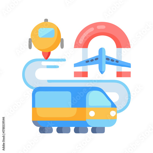Modern transportation methods showcased: train, airplane, and spaceship