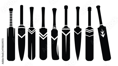Vector art of diverse collection of cricket bats, each with a unique design, arranged in a row, showcasing the variety of styles