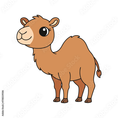 Cute cartoon illustration of a friendly one-hump camel with brown fur and large expressive eyes, standing
