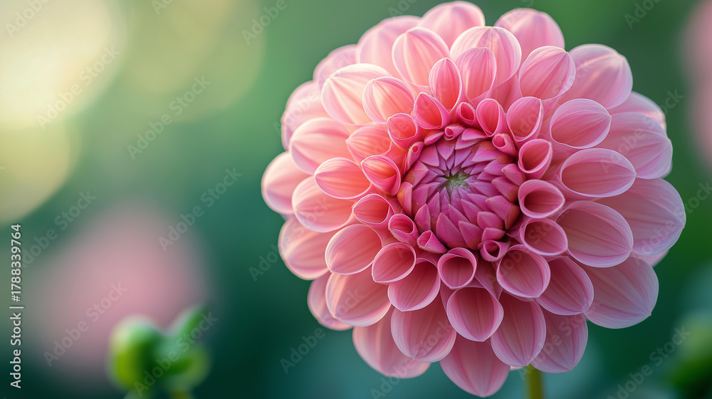 Fototapeta premium Stunning dahlia blossom with delicate petals in soft light, perfect for springtime designs and elegant botanical projects, adding beauty and grace