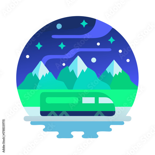 Flat design train under the night sky landscape illustration