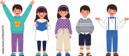 A diverse and cheerful vector collection of five cartoon children, including boys and girls in fashionable clothes, symbolizing education, happiness, school life, and growing up.