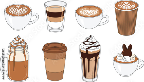 A diverse vector illustration set featuring popular coffee drinks, including fancy latte art, layered macchiato, iced coffee in a mason jar, and decadent whipped cream hot chocolate