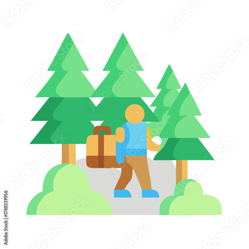 Flat illustration of hiker with luggage in forest landscape