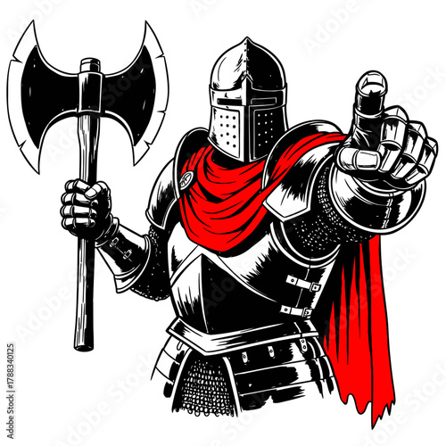 Medieval knight in black plate armor with a red cape, holding a battle axe and pointing forward.