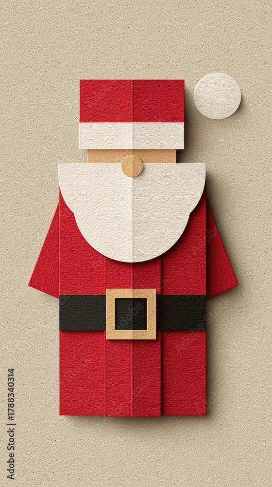 Obraz premium Minimalist Vertical Santa Claus Paper Cut Design with Geometric Shapes on Textured Beige Background