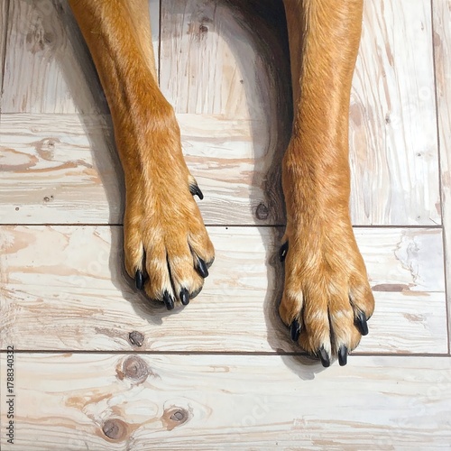 A close-up view shows two dog paws with black claws on a light wood floor