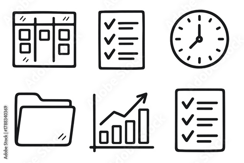 Project Management Icons. Project Management outline icons: Kanban board, task list, deadline clock, folder icon, progress chart, checklist.