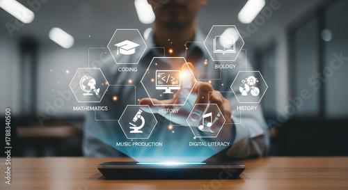 Realistic hand interacting with modern EdTech icons and digital interface elements. Ideal for online learning platforms, e-learning solutions, virtual classrooms, educational apps, training systems, a